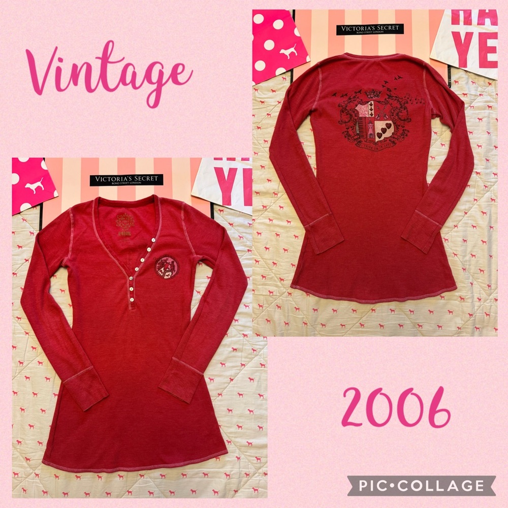 VS PINK VINTAGE Y2K THERMAL HENLEY BABYDOLL DRESS SHIRT RED ROCK & ROLL DOG HTF